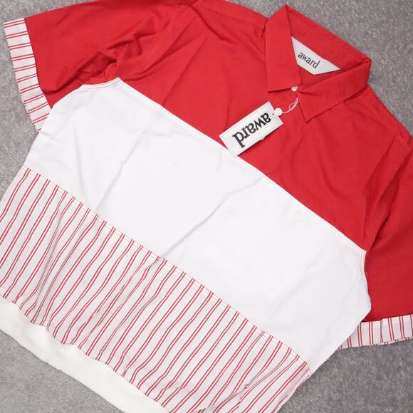 VTG 80s 90s Award Deadstock Large Red White Striped Short Sleeve Collared Shirt - Picture 8 of 11